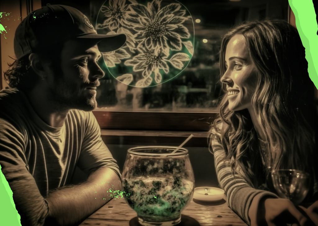 A couple leaning in across a table at a cannabis-friendly lounge
